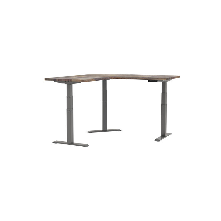 Angled front view of an L-shaped standing desk with three T-shaped legs and a control panel, isolated on a white background. image number 1